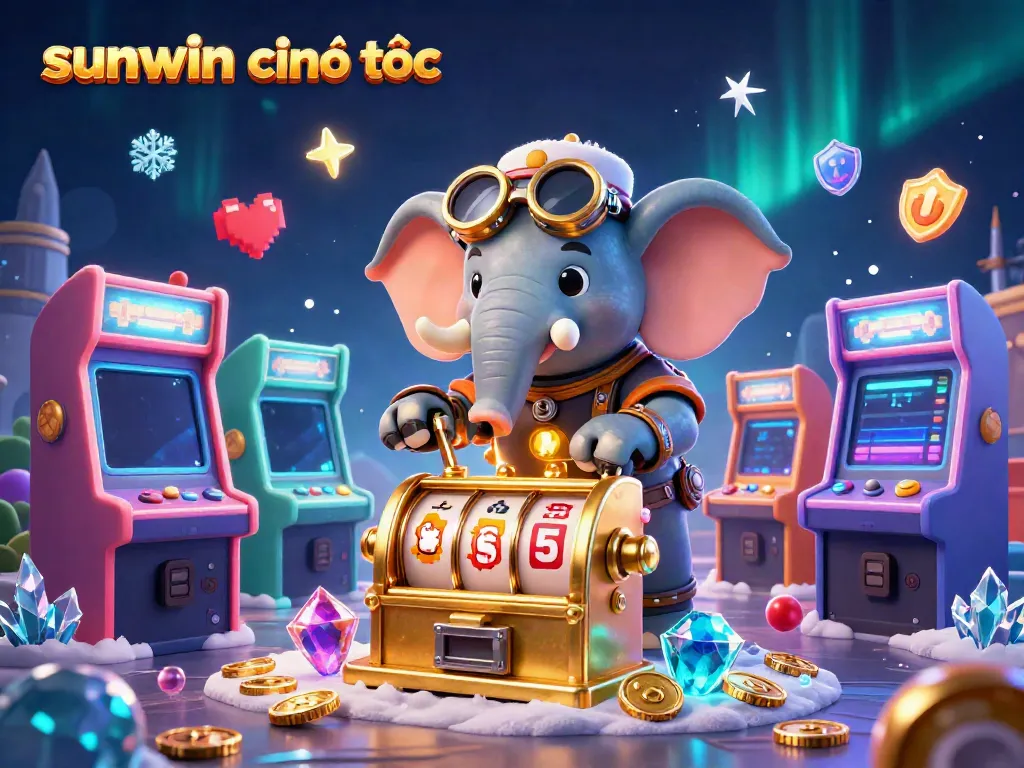 Experience the excitement at sunwin chính thức with a steampunk elephant operating a vibrant slot machine.