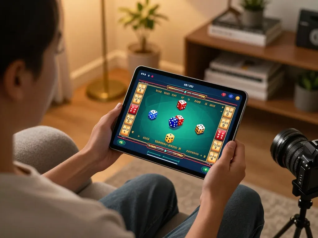Engaging in the app tài xỉu online while enjoying a cozy home atmosphere with vibrant game graphics visible.