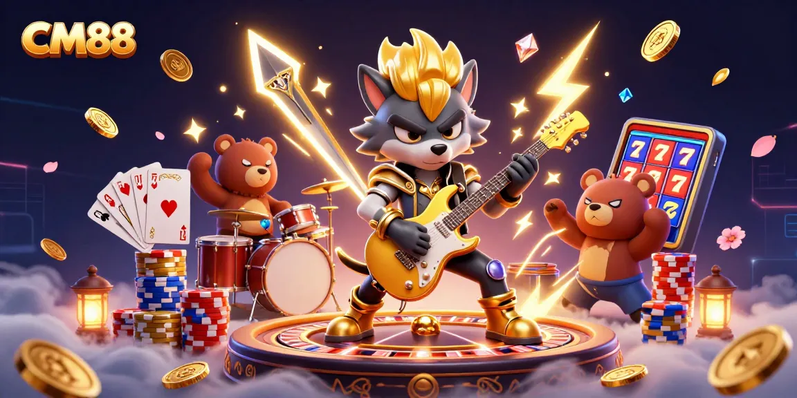 Experience the excitement of CM88 with a rock star wolf and drummer bear, surrounded by dynamic casino action.