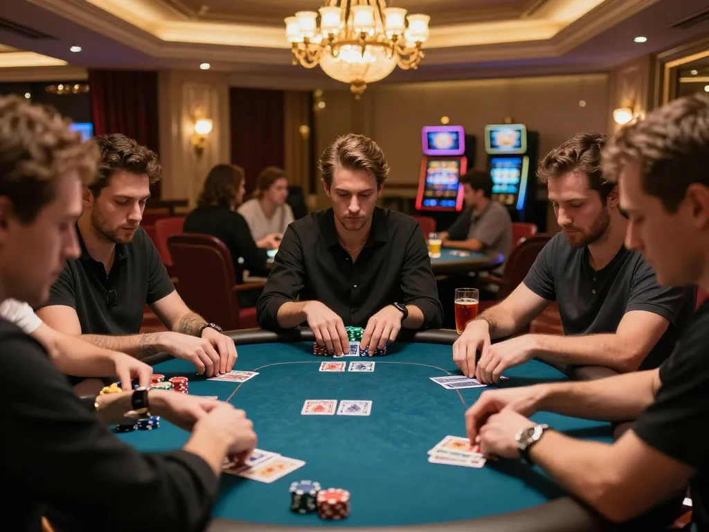 Players engaging in strategic poker gameplay at 789F, showcasing competitive atmosphere and upscale casino environment.