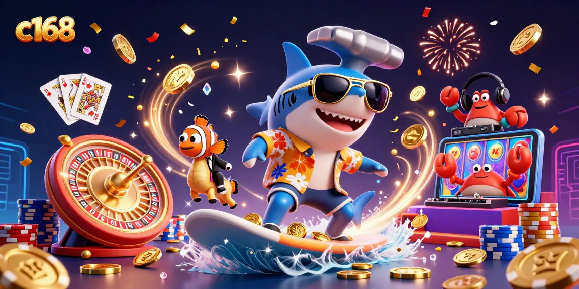 c168 offers exciting gaming with a shark surfing gold coins, surrounded by casino elements.