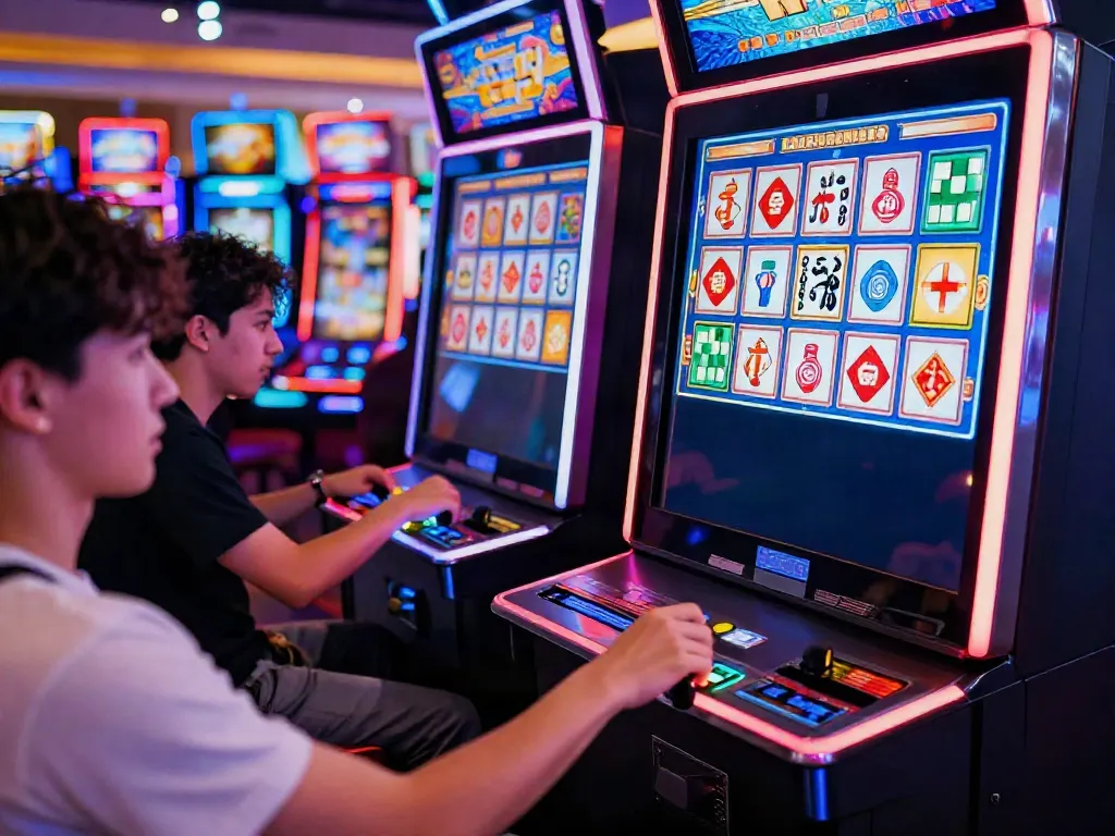 Mesin slot mahjong dengan pemain yang antusias dan layar penuh simbol, menciptakan atmosfer kasino yang meriah.