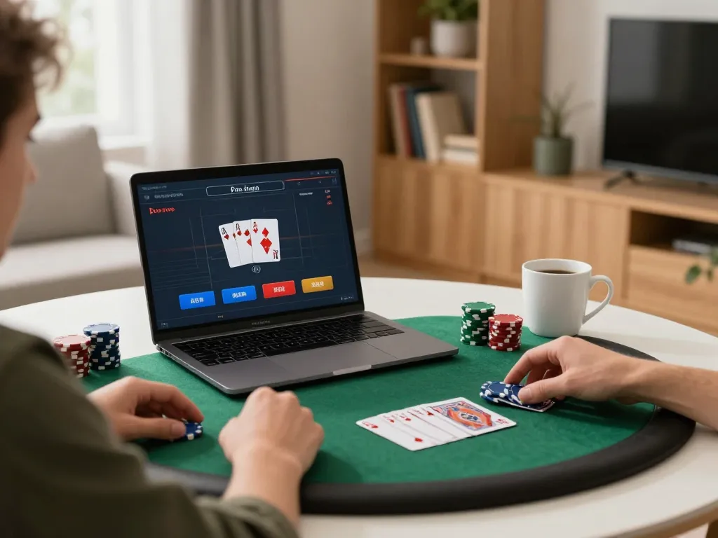 Engaged player strategizing in poker games on rikvip platform at home setting.