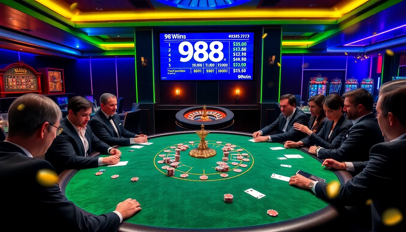 Players engaging intensely at a high-stakes poker table at 98win casino.