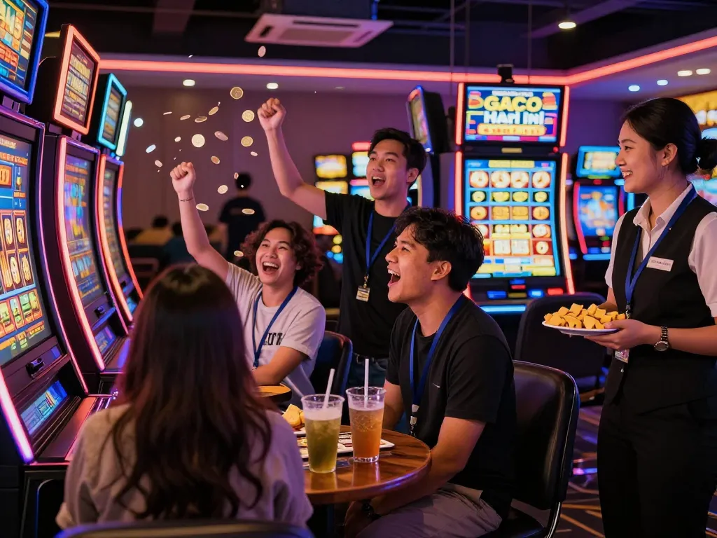 Excited players celebrating a big win at slot gacor hari ini in a colorful casino room.