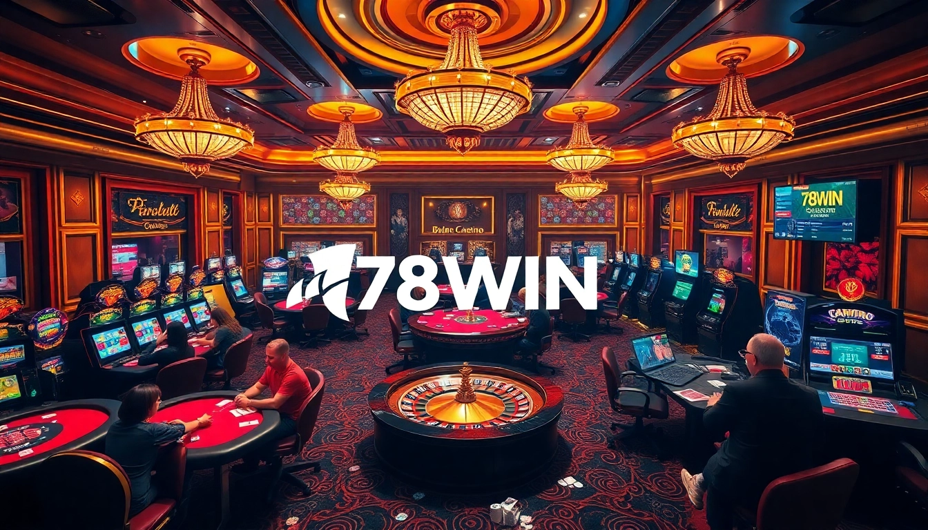 78WIN players enjoying a vibrant game scene with poker tables and slot machines.