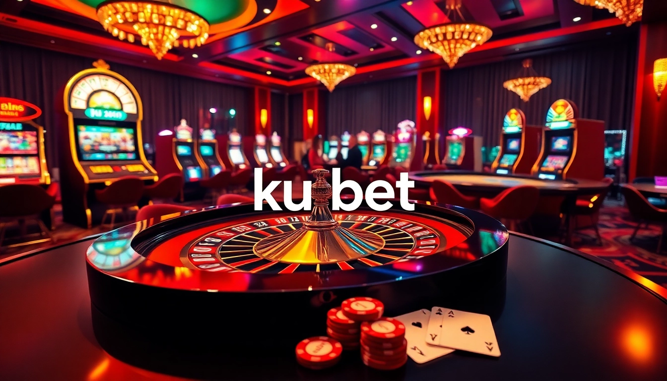Experience excitement with ku bet in a luxurious casino setting featuring roulette and slot machines.