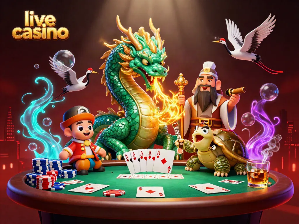 Pengalaman live casino terakselerasi dengan naga hijau, kura-kura bijak, dan bangau keberuntungan.