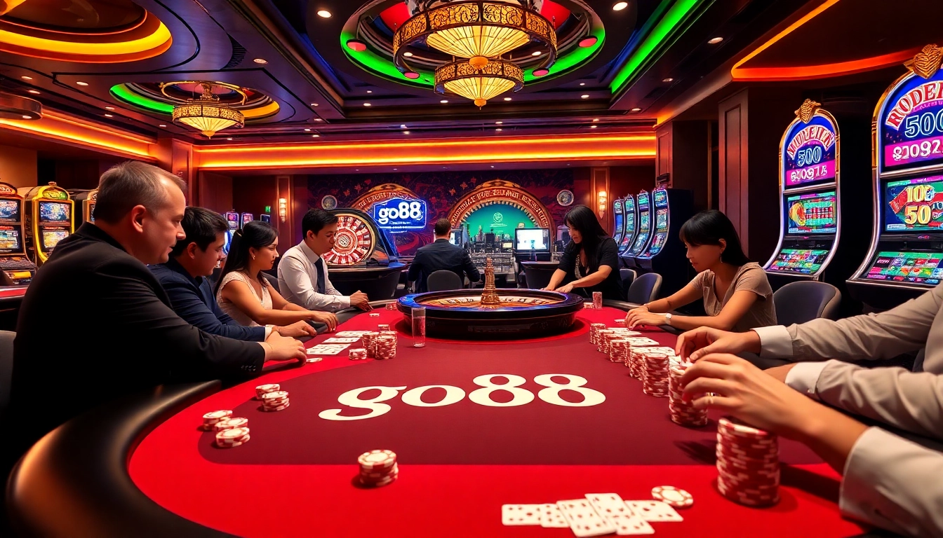 Players enjoying a thrilling game at go88's luxurious casino table with vibrant atmosphere.