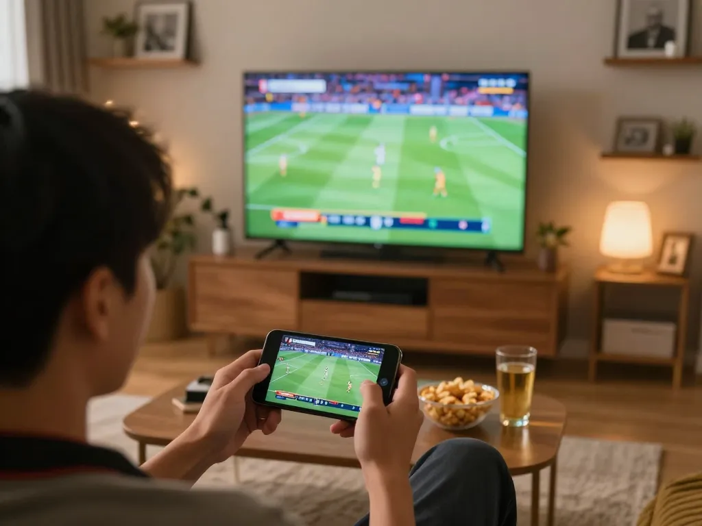 Engaged viewer checking kèo bóng đá hôm nay during live sports game in a cozy living room