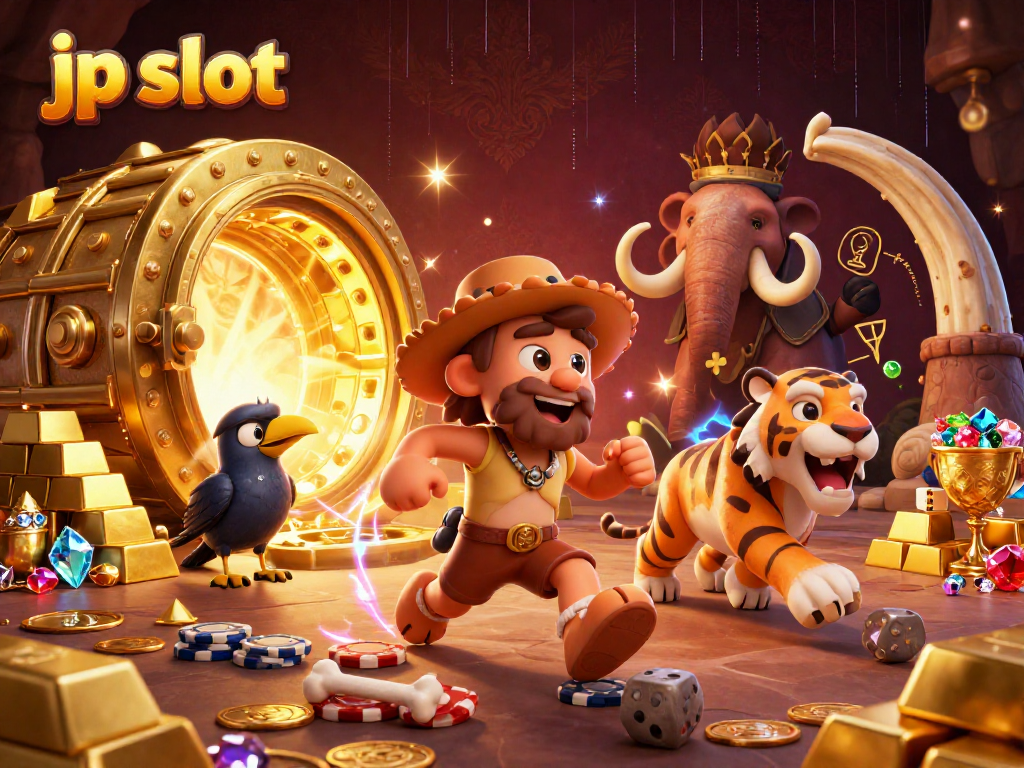 Let the jp slot experience begin with a vibrant prehistoric casino scene featuring engaging characters and treasure.