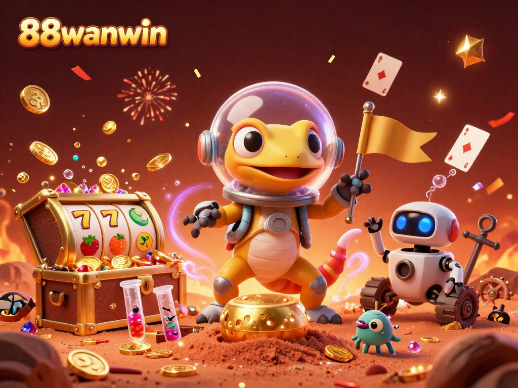 Experience gaming excitement with 88wanwin at a dynamic Martian casino scene featuring treasure and celebration.