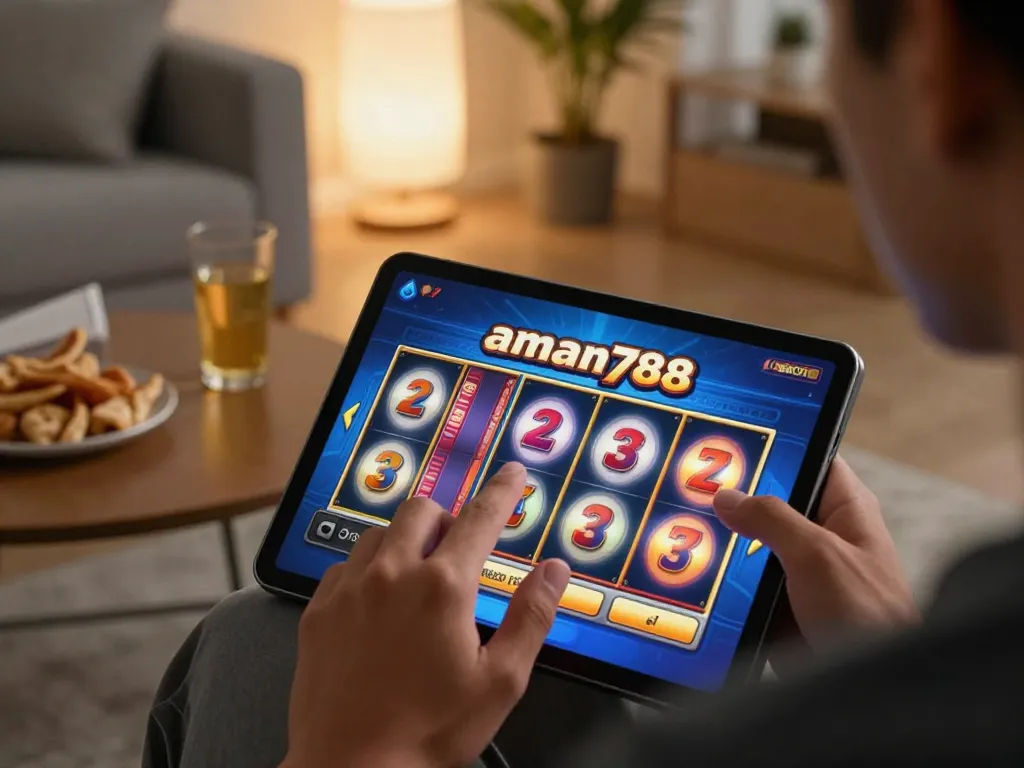 Pemain menikmati permainan slot gacor aman788 di tablet sambil bersantai di rumah dengan camilan dan suasana yang nyaman