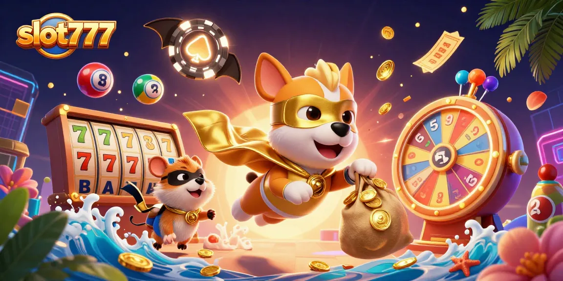 Experience the excitement of slot777 with a superhero dog and hamster flying amidst dynamic casino elements.