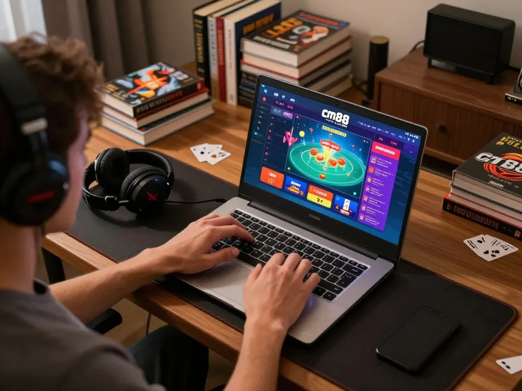 Player engaging with cm88 com on laptop, showcasing vibrant casino game interface in a cozy home setting.