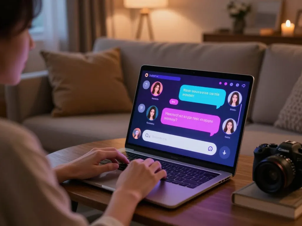 Engaging conversation with sex chat AI on a laptop, vibrant virtual interface and inviting atmosphere.