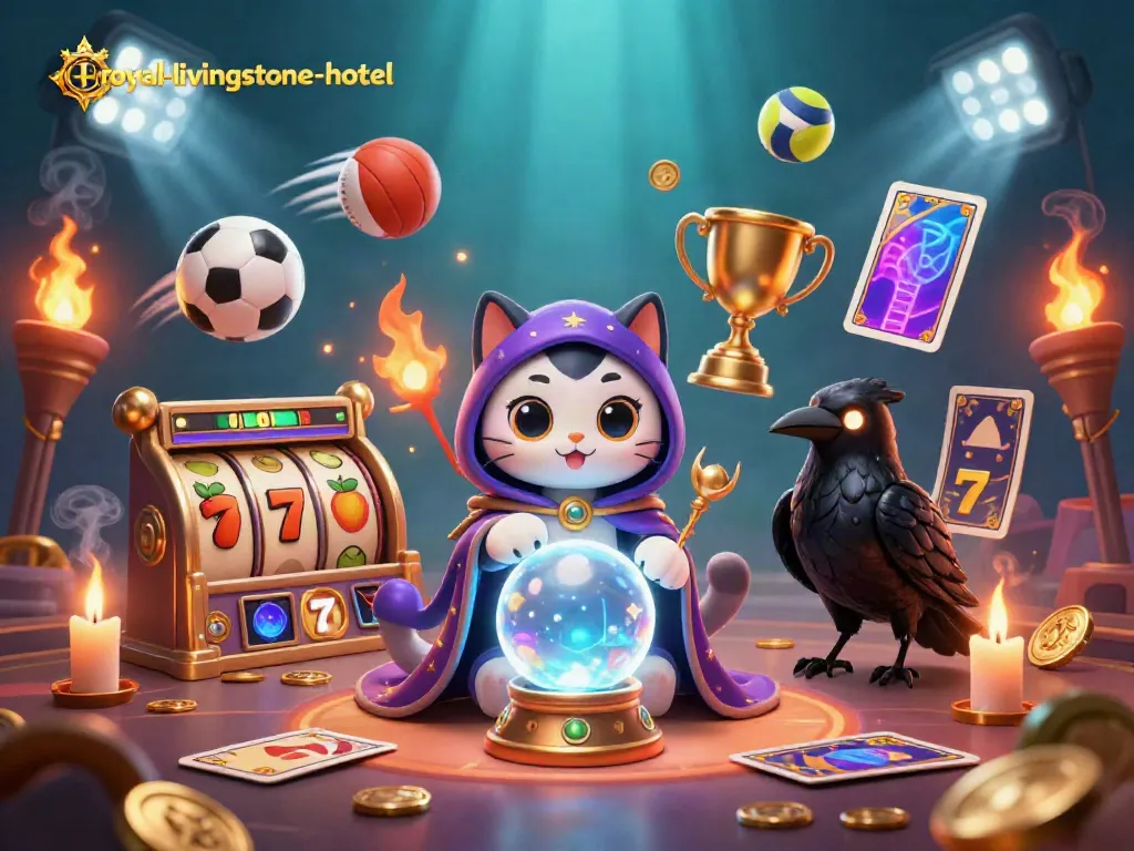 Gambarkan royal-livingstone-hotel di dunia permainan dengan karakter mistik dan elemen perjudian yang memukau.