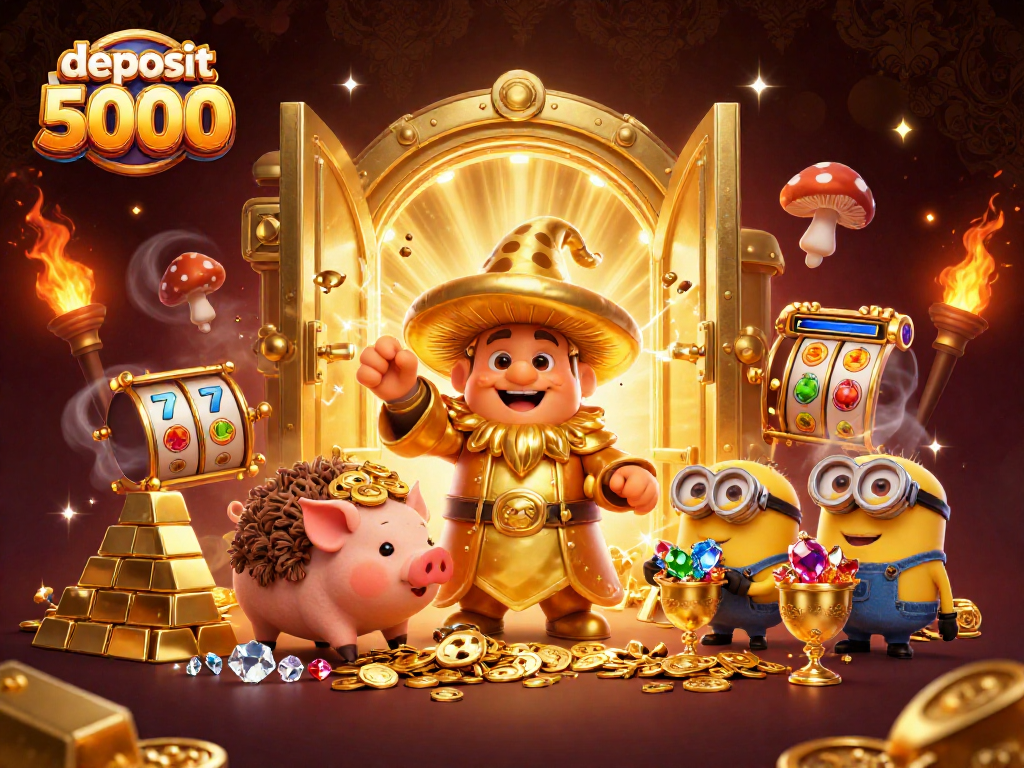 Engage with the thrilling deposit 5000 slot experience, featuring magical characters amid golden treasures in a vibrant casino scene.
