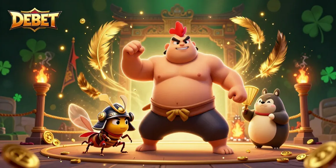 DEBET showcases an epic battle scene with vibrant characters and dynamic casino elements.