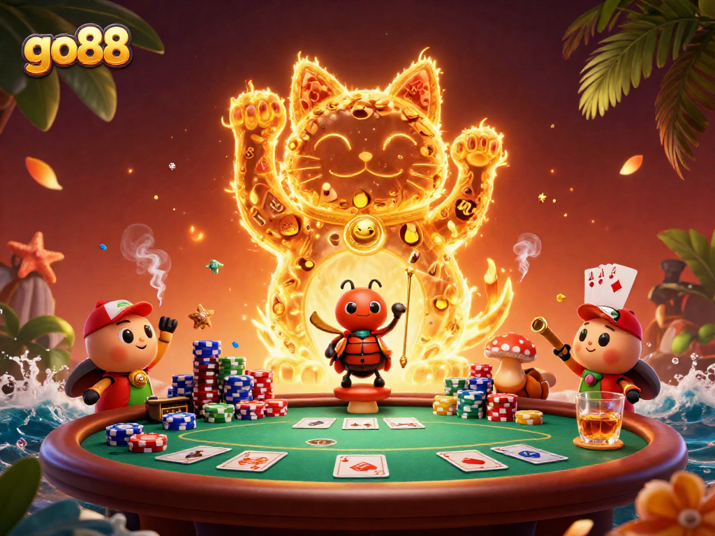 Experience the vibrant go88 casino excitement with a lucky cat and conductor beetle illustration.