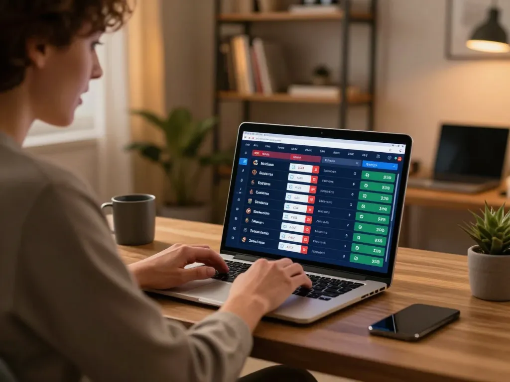 Engaged sports bettor evaluating odds on dh88 platform in stylish home office