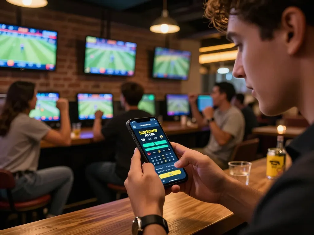 Saba Sports NET88 user placing a bet during live sports event at a bustling sports bar.