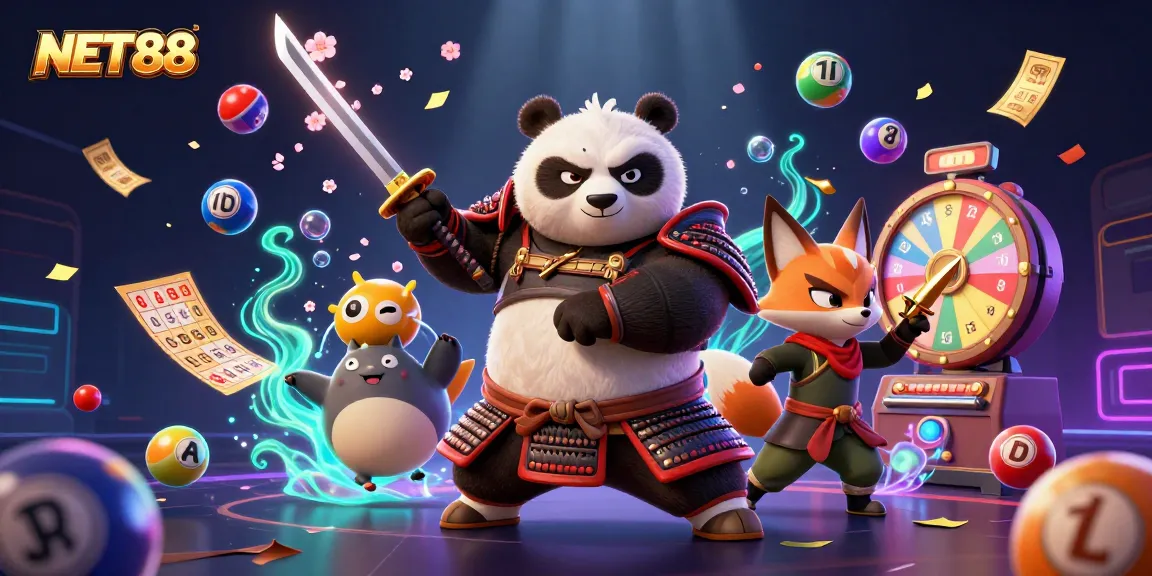 Engaging NET88 illustration with samurai panda and ninja fox amidst vibrant lottery elements.