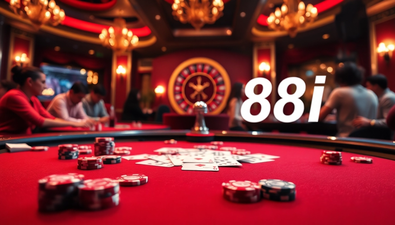 Exciting poker scene at 88I casino with vibrant chips and engaging players.