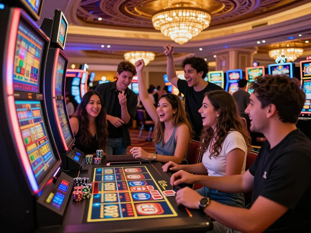 Teman-teman merayakan kemenangan di mesin link slot yang cerah di kasino Las Vegas yang ramai.