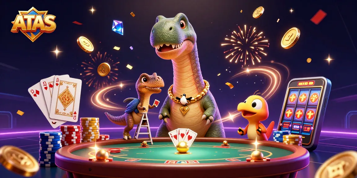 Celebrate exciting wins at ATAS casino with a vibrant 3D scene featuring a cartoon dinosaur dealer.