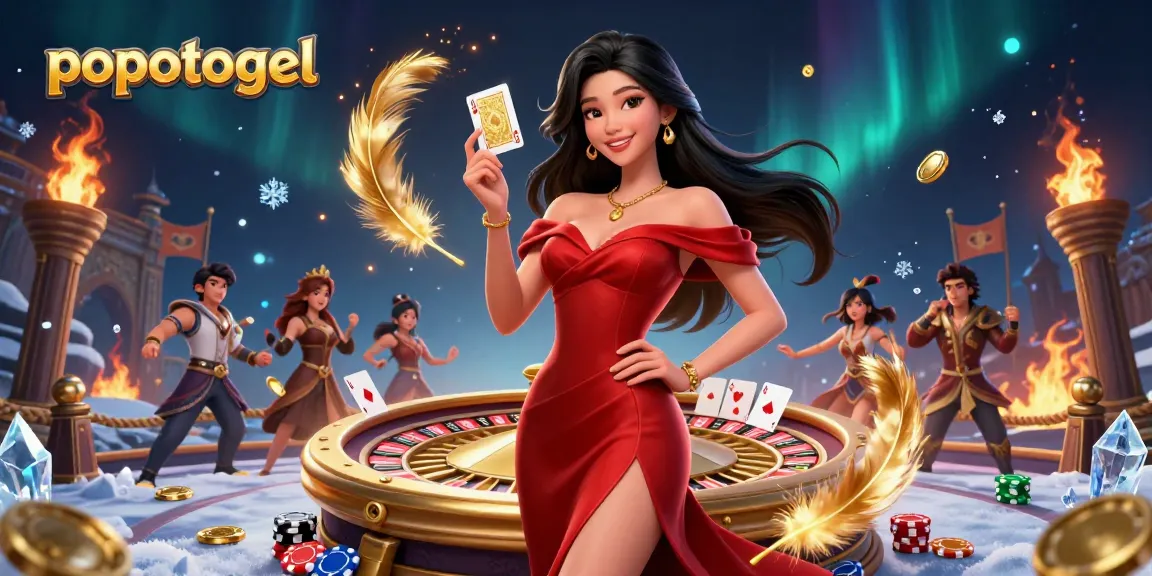 Experience excitement at popotogel with a vibrant scene featuring a confident dealer and golden gaming elements.