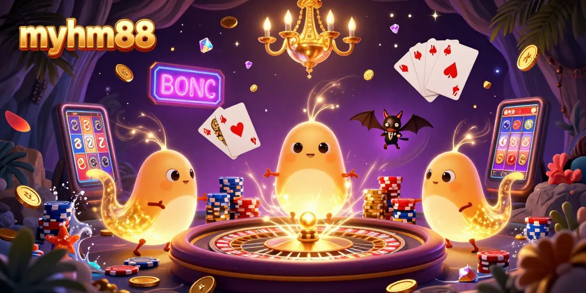 Experience the excitement of myhm88 with glowing glowworms and a bat dealer lighting up a vibrant casino scene.