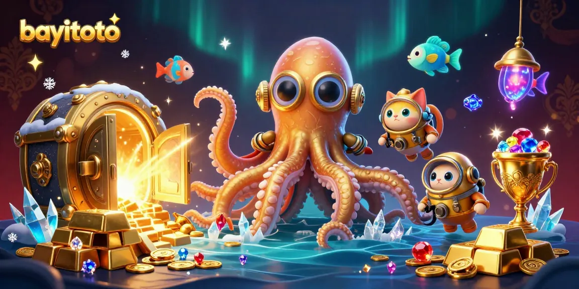 Join bayitoto in a dynamic scene with a kraken and diving cat amidst treasures and casino elements.