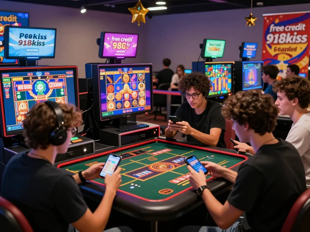 Excited players enjoying free credit 918kiss games at a vibrant online gambling lounge with colorful screens and lively atmosphere.