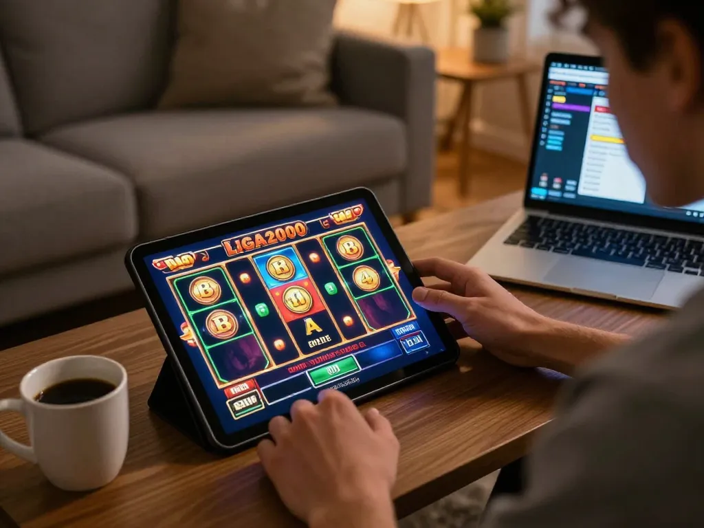 LIGA2000 player enjoying a thrilling online slot game experience from home
