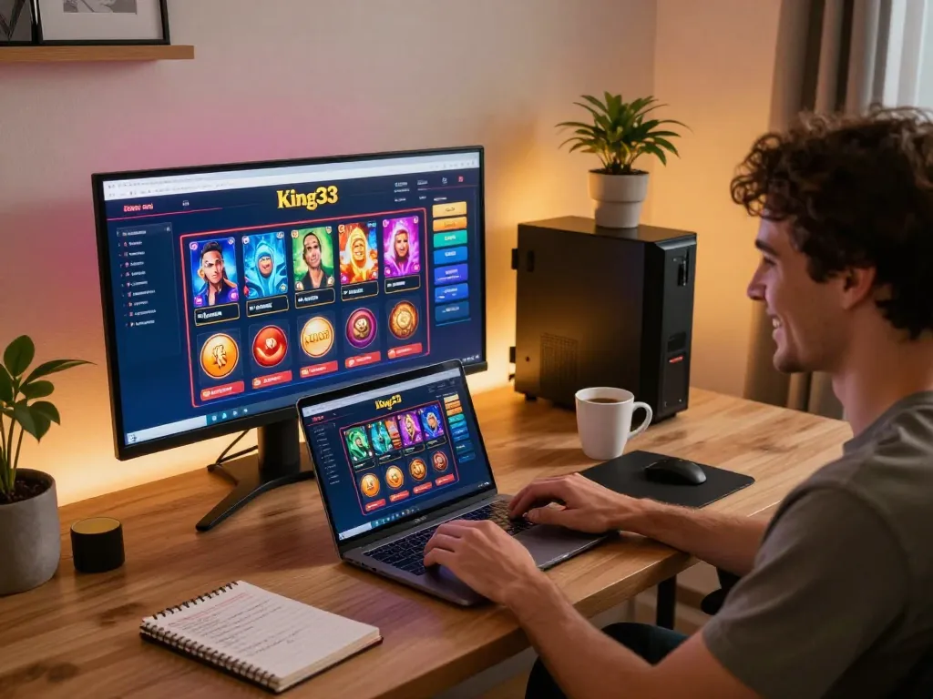 Person engaging with king33 online casino on laptop, vibrant setup showing colorful games.
