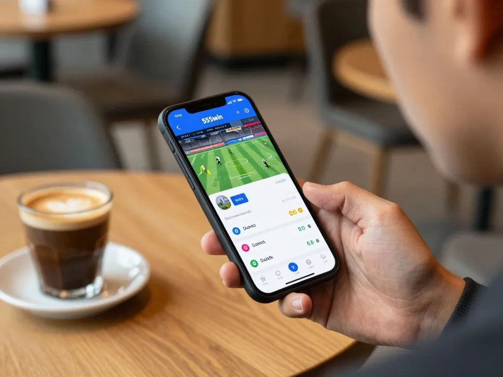 Engaging in strategic sports betting using the app 555win on a smartphone in a modern café.