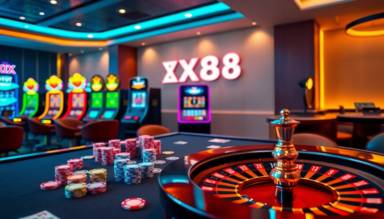 Experience thrilling gameplay at XX88 casino with vibrant roulette tables and slot machines.