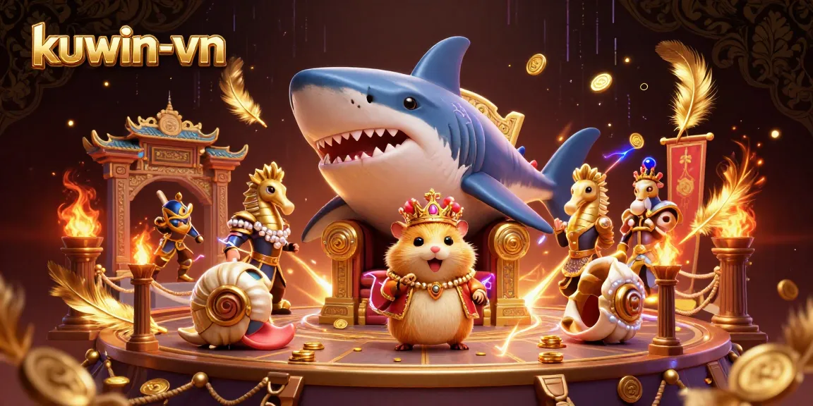 Engage with kuwin-vn and view an epic battle scene featuring a golden hamster king and his royal guards amidst vibrant casino elements.