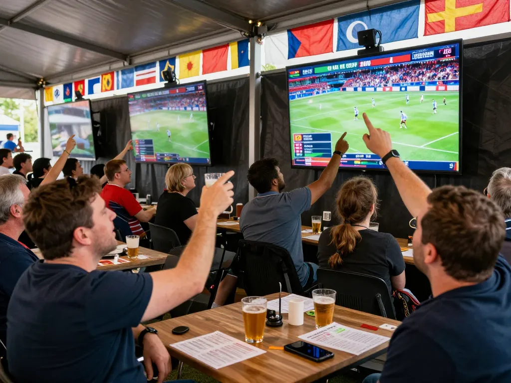 Exciting patrons placing bets in the outdoor sports betting area at okwin during a major event.
