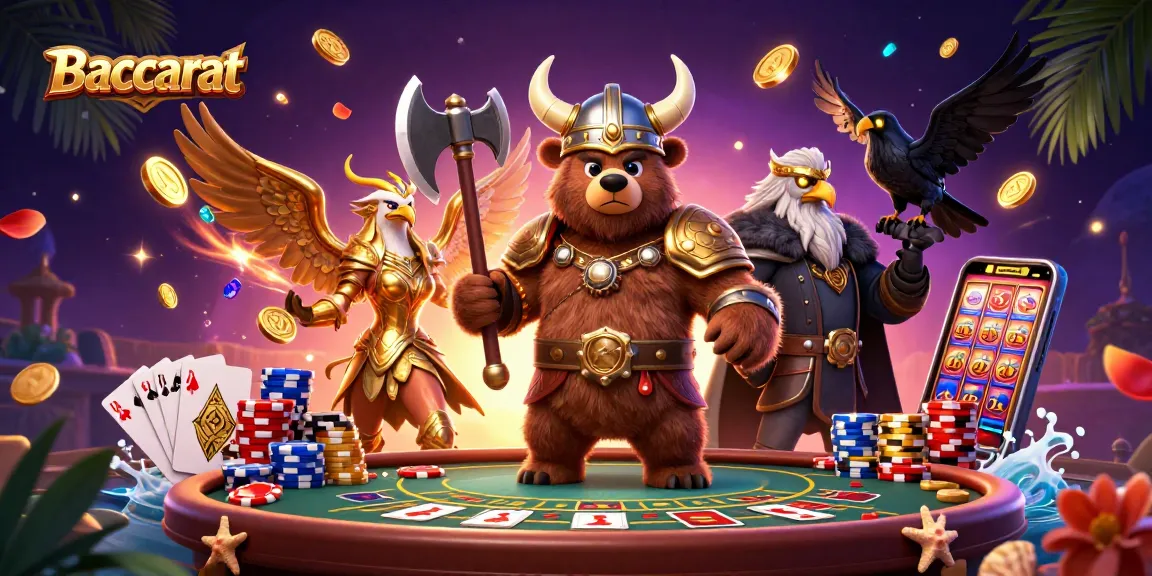 Baccarat action scene with a Viking bear, Valkyrie eagle, and gaming elements like cards and chips.