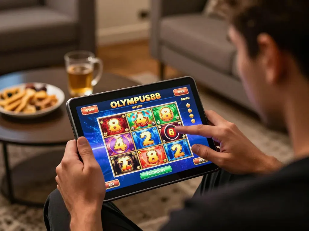 Engaging gameplay on OLYMPUS88 slot games in a cozy setting, showcasing user interaction
