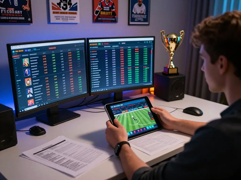 Bbet user actively placing bets on sports through tablet in a dynamic gaming setup.