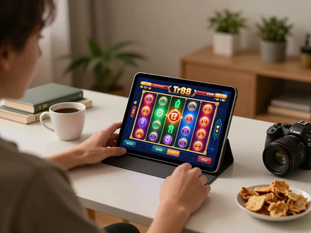 Engaging player enjoying Tr88 game on tablet with spinning slot reels in cozy home setup