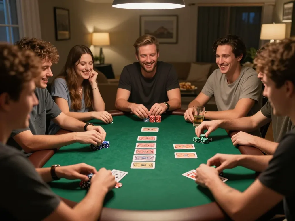 Playing poker with friends at home organized by f8betlv, showcasing a lively and strategic game night.