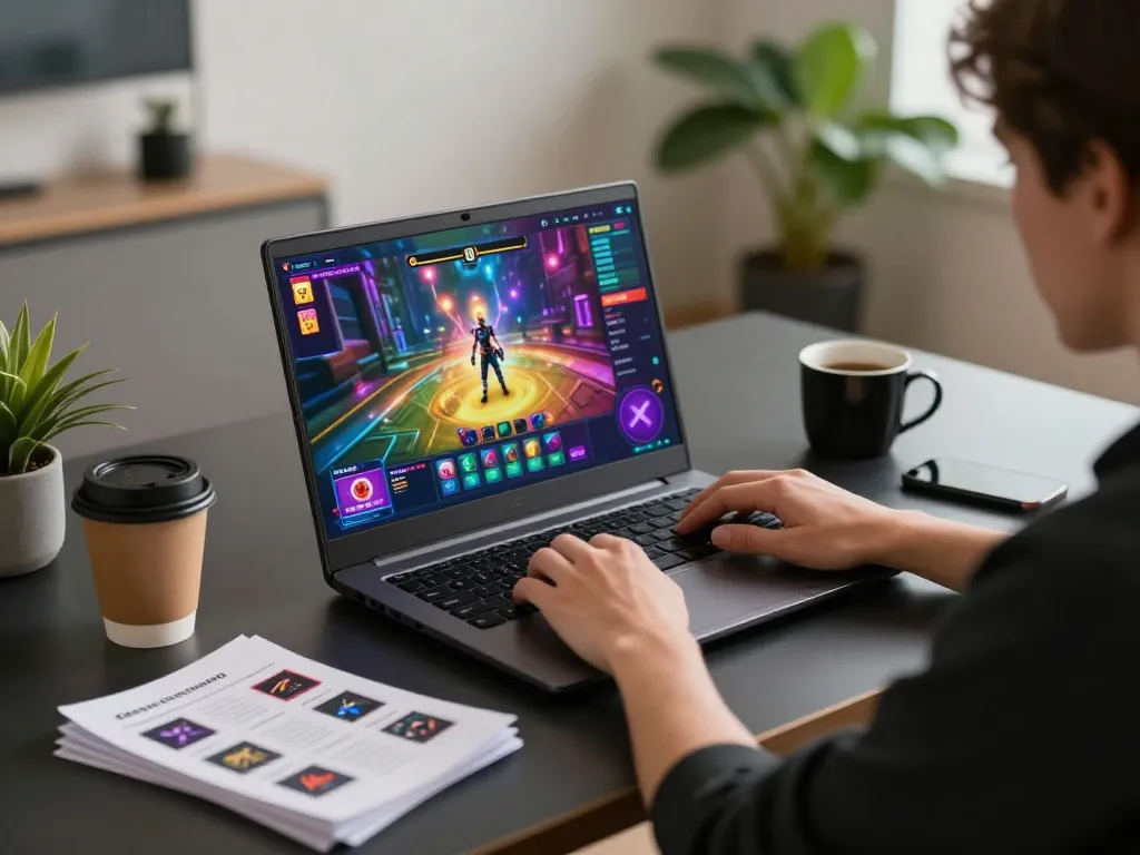 Engaging scene of online gaming with non Gamstop casino interface on laptop, cozy desk setup.