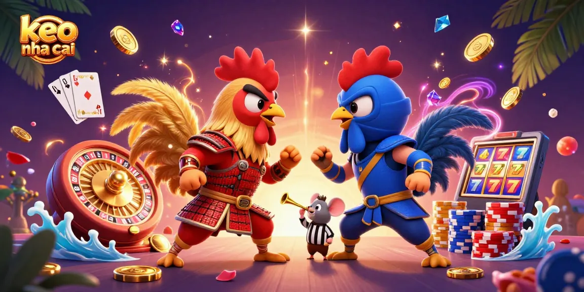 Experience thrilling action in "keo nha cai" with dynamic roosters and cascading coins in this engaging illustration.