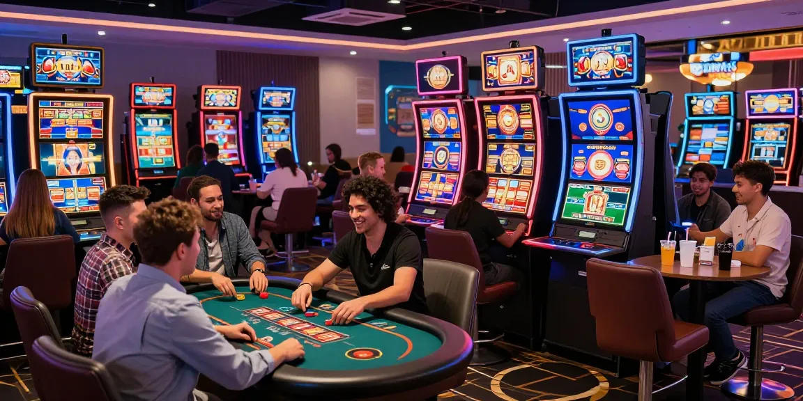 A dynamic online casino gaming scene highlighting players enjoying slot machines and table games at https://mhfe.org.uk, with vibrant neon lights and an engaging atmosphere.