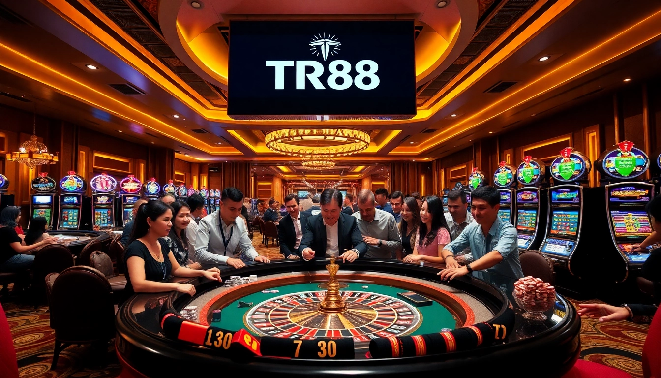 Experience the excitement of gambling at TR88 casino with vibrant roulette tables and lively players.