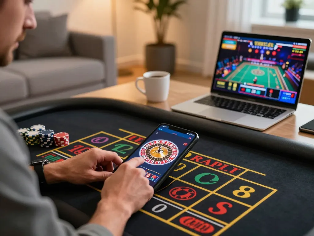 Player engaging with n188 com mobile roulette, betting chips visible on screen, modern home setting